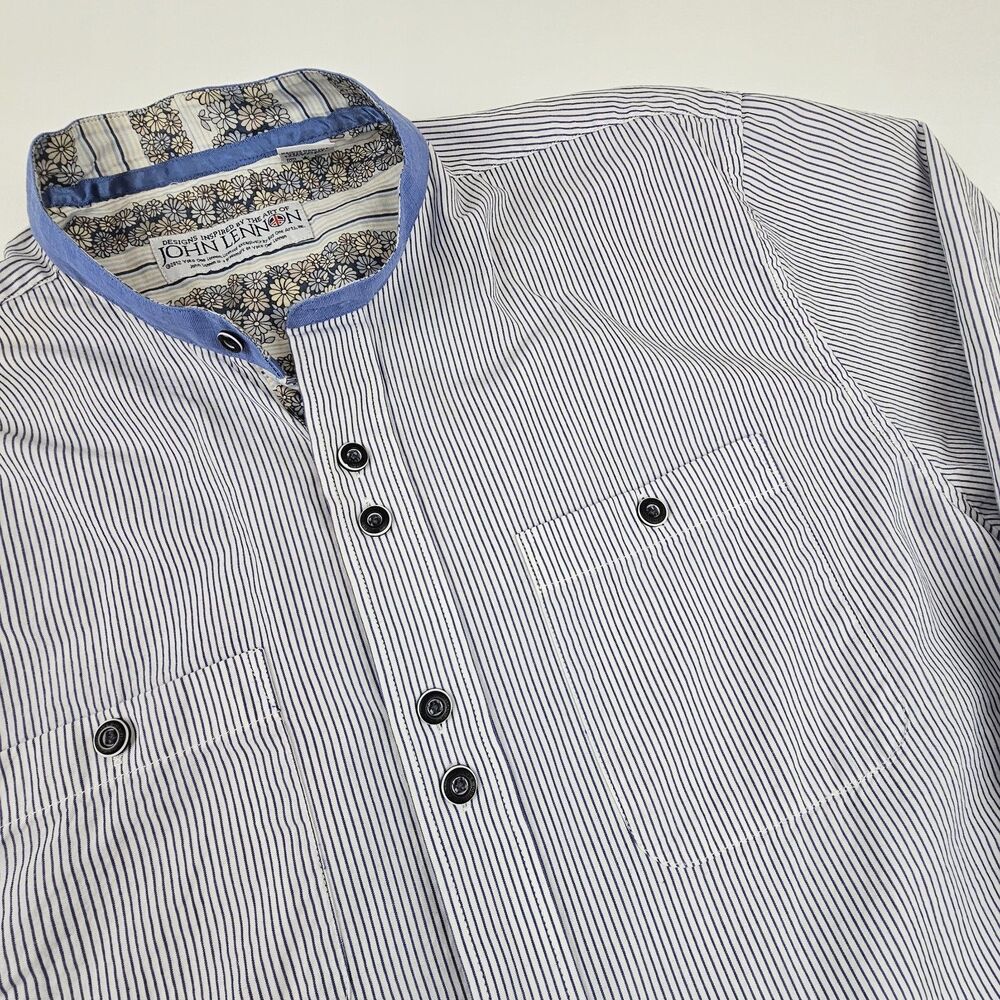 John Lennon Art Mens L Button Up Shirt Blue Stripe Floral 100% Cotton